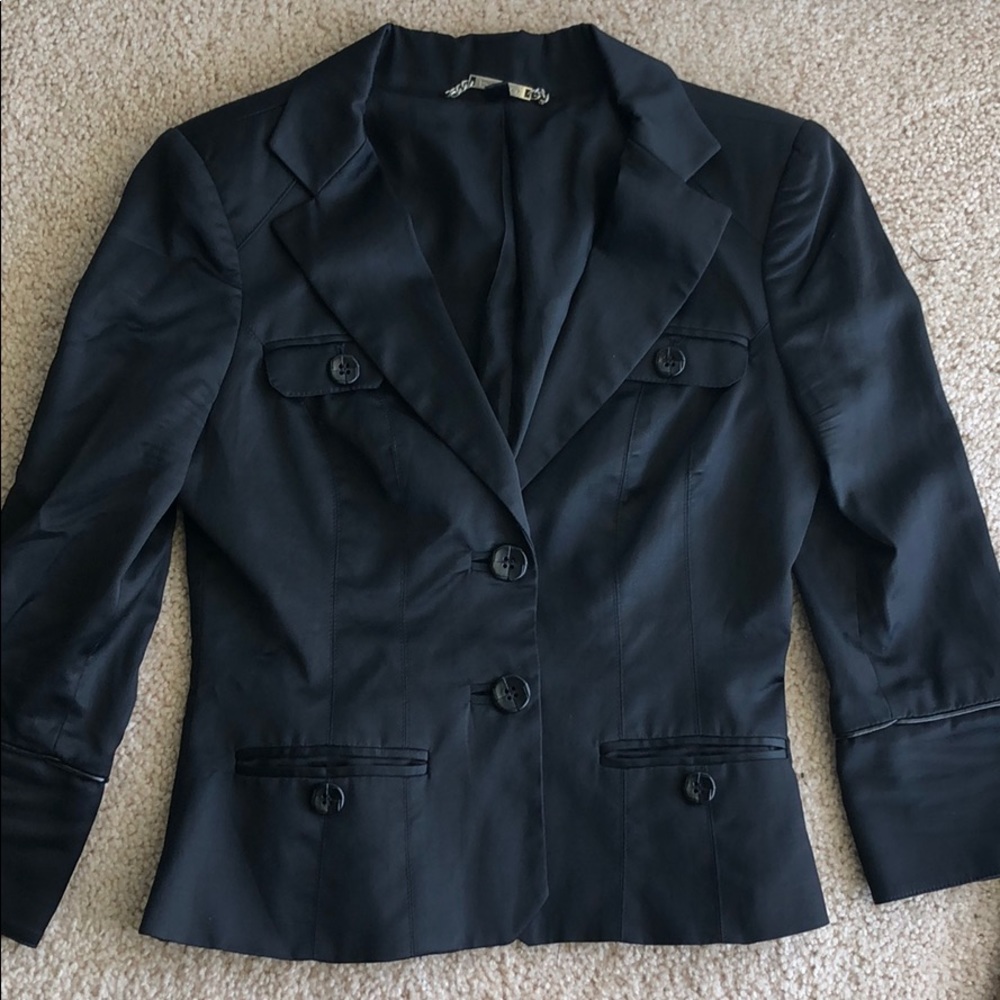 Vintage Y2K bebe Black Satin Fitted Blazer Jacket 3/4 Sleeve Size 4
